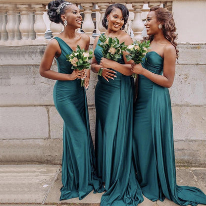 One Shoulder Satin Pleated Green Mermaid Bridesmaid Dress QB3107