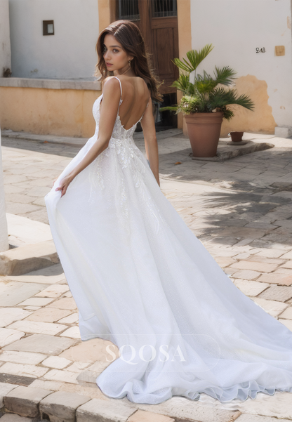 Spaghetti Straps Deep V-Neck A-Line Wedding Dress Allover Lace with Beaded and Applique Bridal Dress