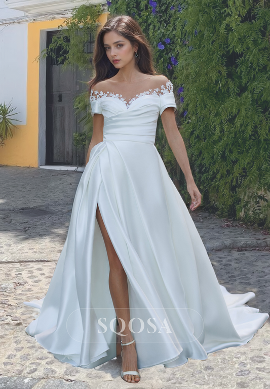 Sweetheart with Beaded and Applique A-Line Wedding Dress Pleated Slit with Train Bridal Gowns