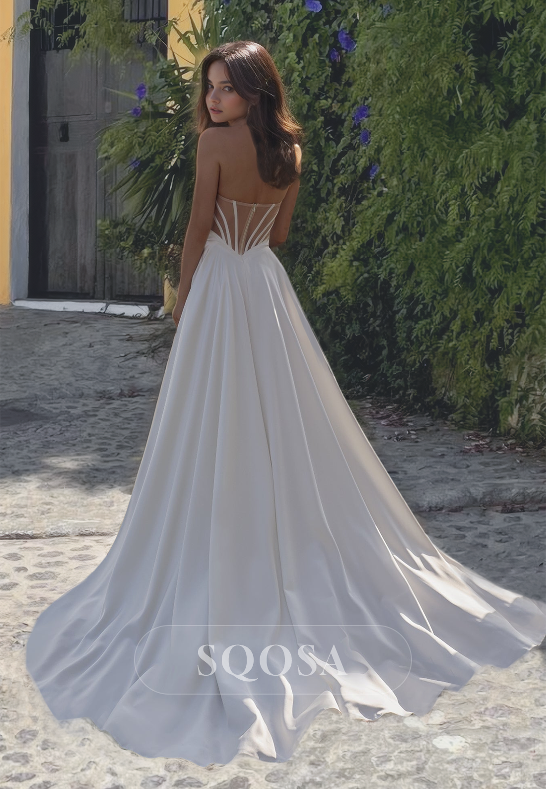 Sweetheart Off-Shoulder Cutout A-Line Wedding Dress Pleated Satin Slit with Train Bridal Gowns