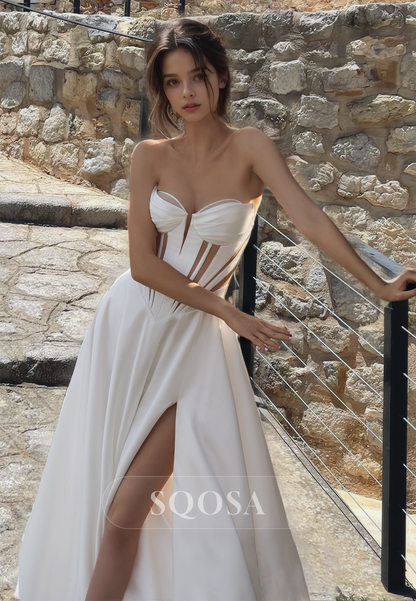 Sweetheart Off-Shoulder Cutout A-Line Wedding Dress Pleated Satin Slit with Train Bridal Gowns