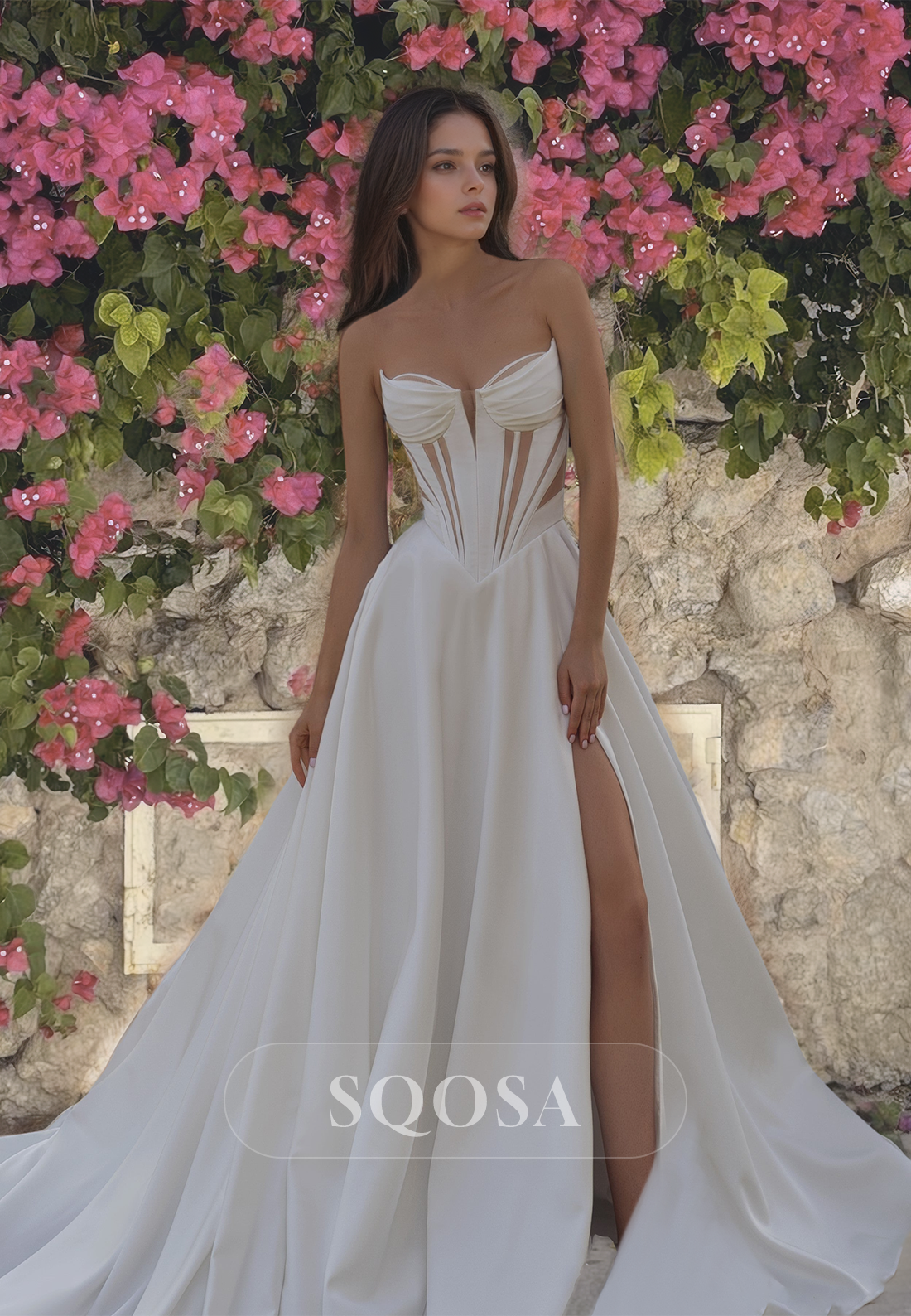 Sweetheart Off-Shoulder Cutout A-Line Wedding Dress Pleated Satin Slit with Train Bridal Gowns