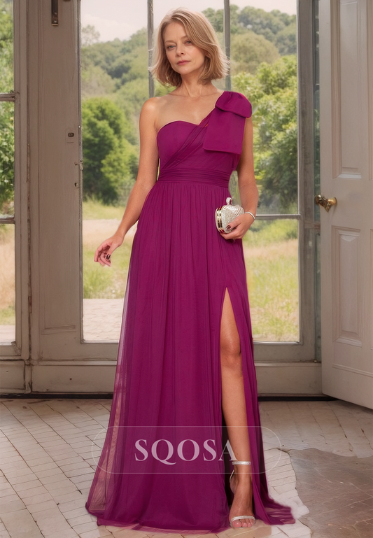 Asymmetrical-Neck Sleeveless A-Line Mother of the Bride Gpwns Pleatrd Slit with Train Coctail Dress