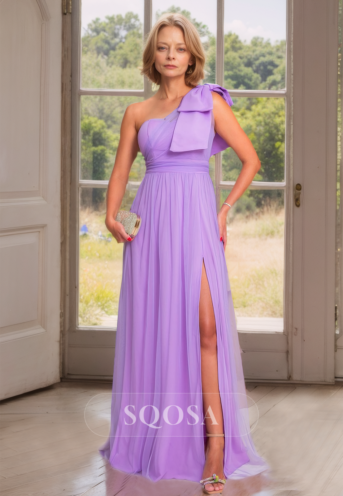 Asymmetrical-Neck Sleeveless A-Line Mother of the Bride Gpwns Pleatrd Slit with Train Coctail Dress