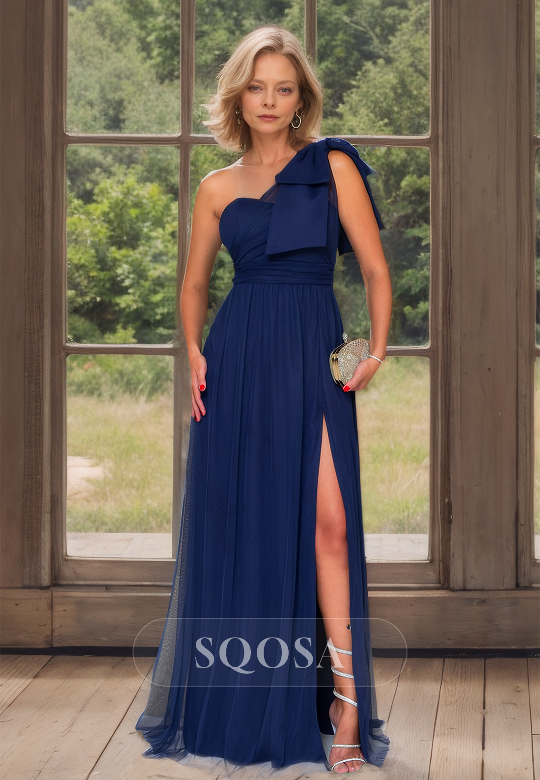 Asymmetrical-Neck Sleeveless A-Line Mother of the Bride Gpwns Pleatrd Slit with Train Coctail Dress