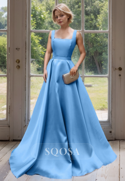 Square-Neck Straps A-Line Mother of the Bride Gowns Sleeveless Floor-Length Cocktail Dress