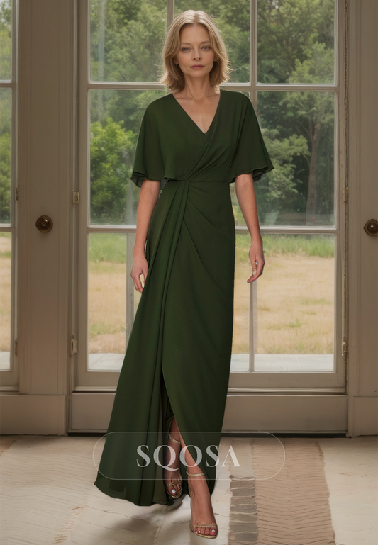 V-Neck Half-Sleeves Fitted Cocltail Dress Pleated Satin Floor-Length Mother of the Bride Dress