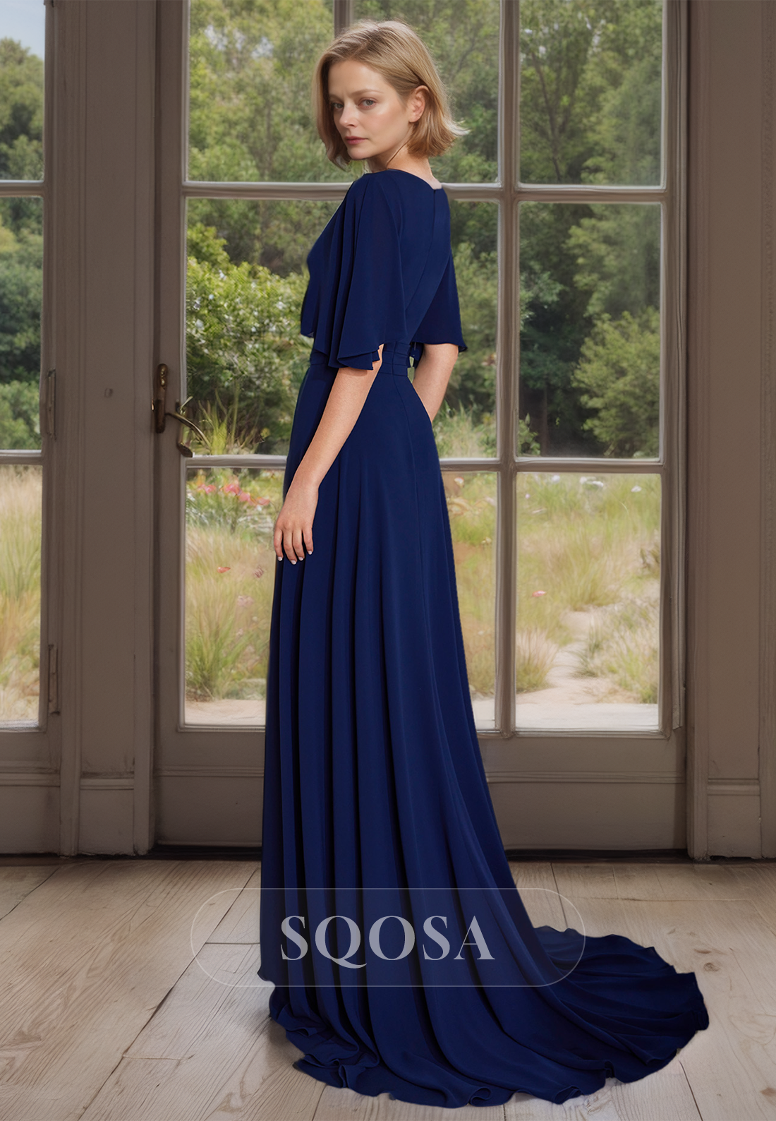 V-Neck Half-Sleeves Fitted Cocltail Dress Pleated with Sweep Train Mother of the Bride Gowns