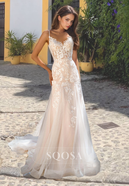 Spaghetti Straps V-Neck Fitted Bride Gowns Sleeveless Cutout Wedding Dress with Applique