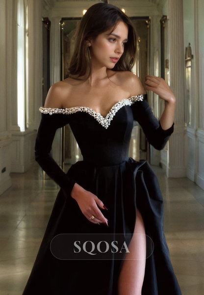 A Line Off Shoulder Pearls Long Sleeves Black Prom Party Dress with Slit