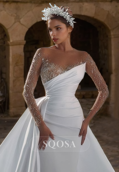 Illusion Neckline Beads Long Sleeves Mermaid Wedding Dress