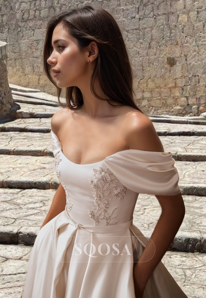 Off-Shoulder Sleeveless A-Line Boho Wedding Dress Floor-Length Beaded Pleated Satin Bridal Gowns