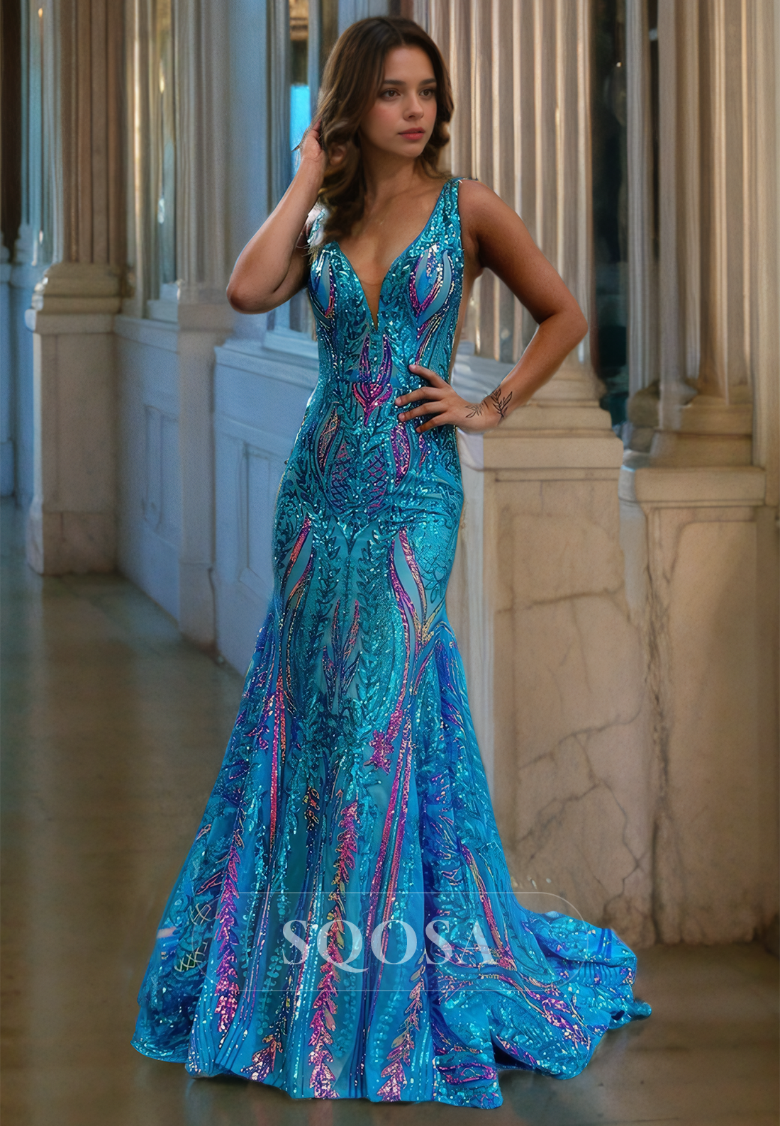 Plunging V Neck Sequins Lace Mermaid Prom Dress with Train Party Gown