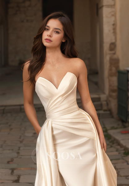 V-Neck Sleeveless Pleated Satin Mermaid Wedding Dress Sweep Train Bridal Dress with Overskirt