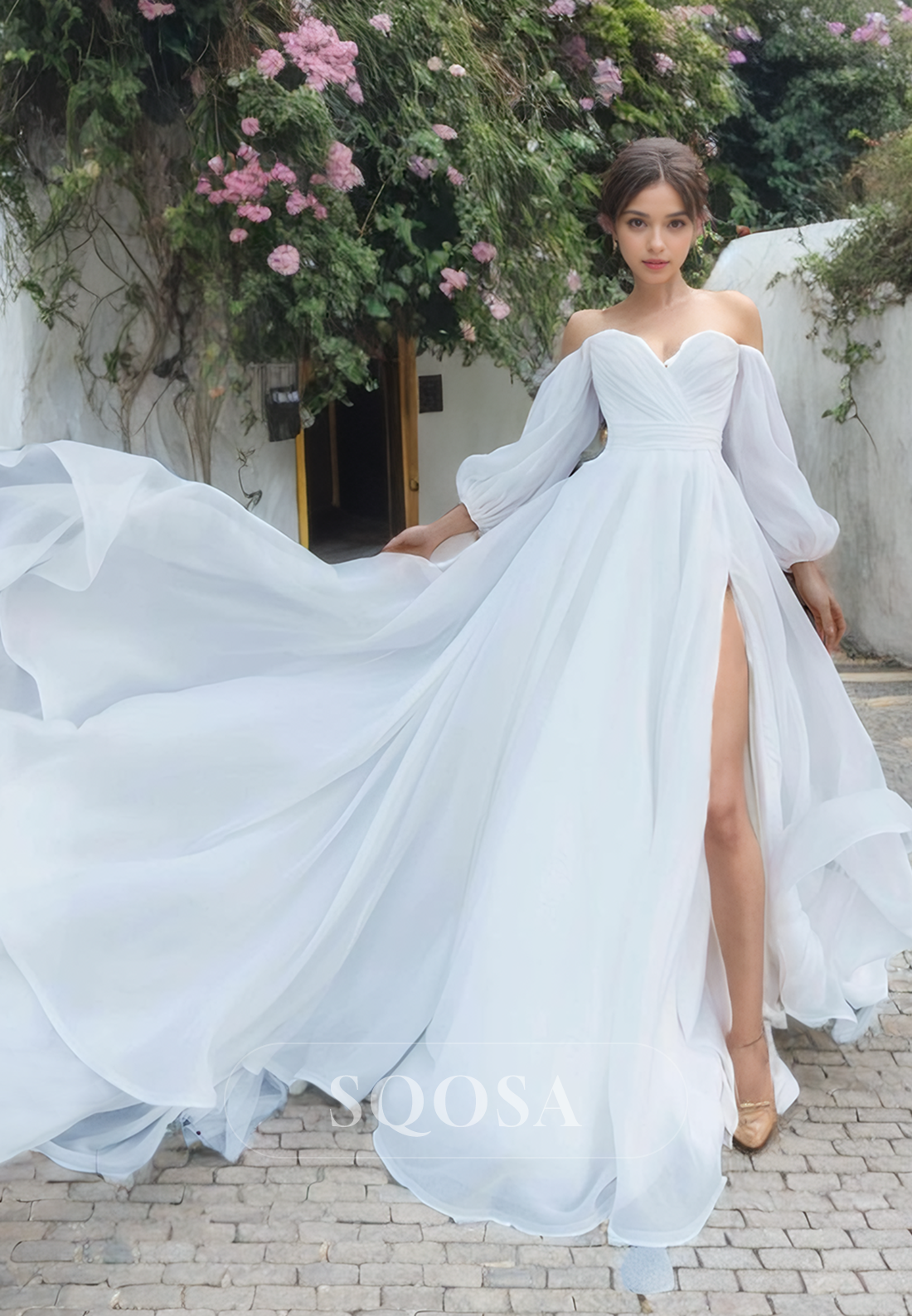 Long Sleeves A-Line Chiffon Wedding Dress Sweetheart Bridal Dress Slit with Train