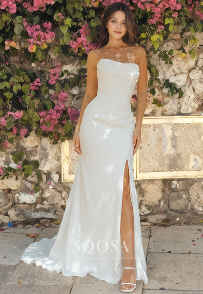 Tube Top Sleeveless Fitted High Split Satin Boho Dress with Train Beach Wedding Dress