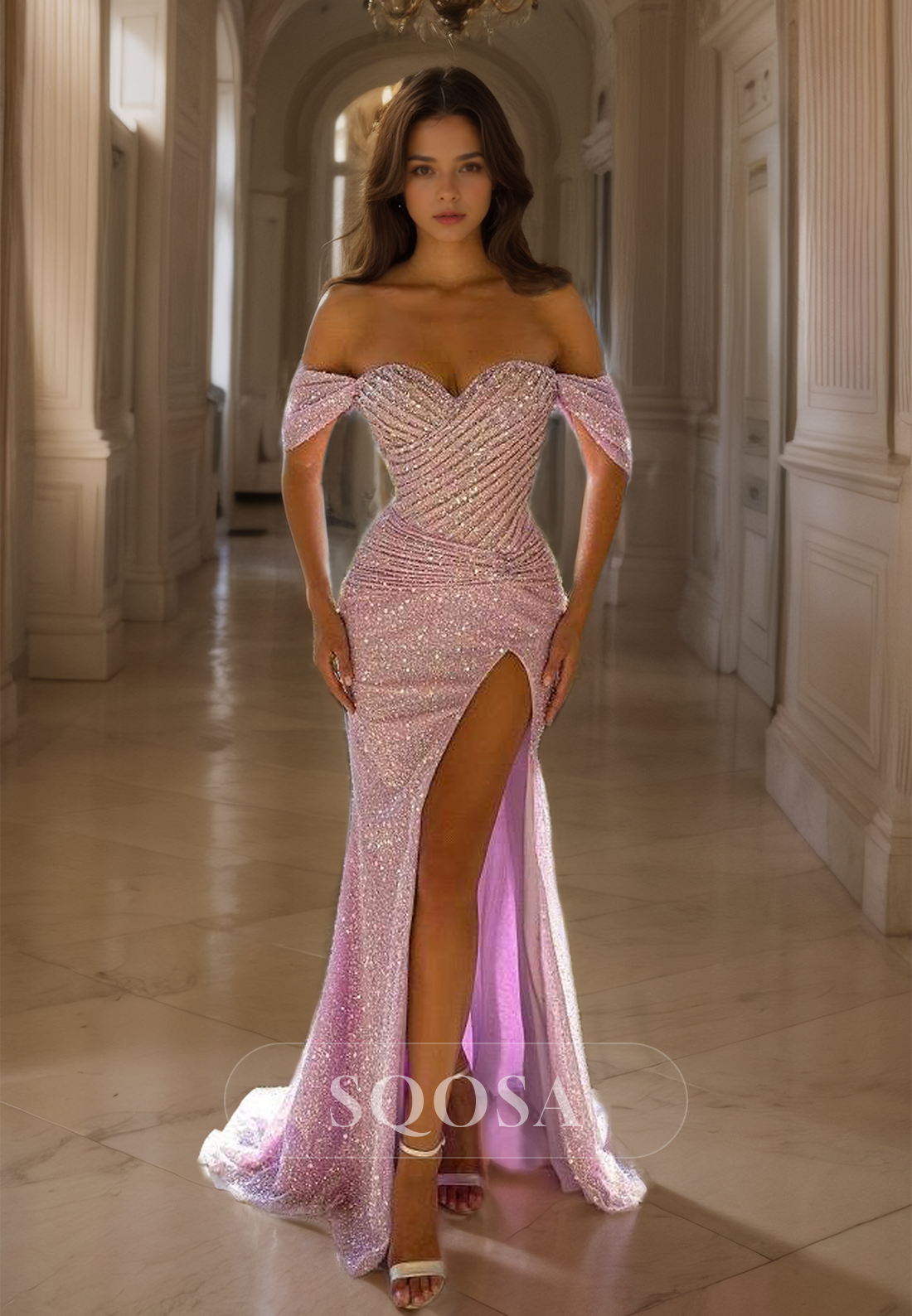 Off-Shoulder Sweetheart Sleeveless High Split Pleated Sequins Prom Dress with Sweep Train