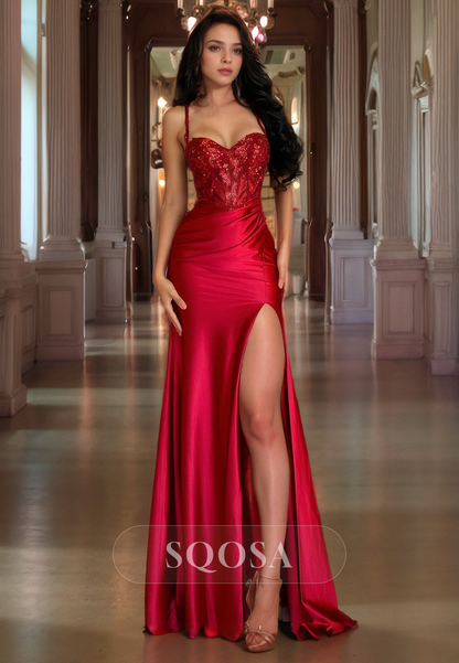 Spaghetti Straps Sweetheart Appliques Burgundy Prom Dress with Slit Formal Gown