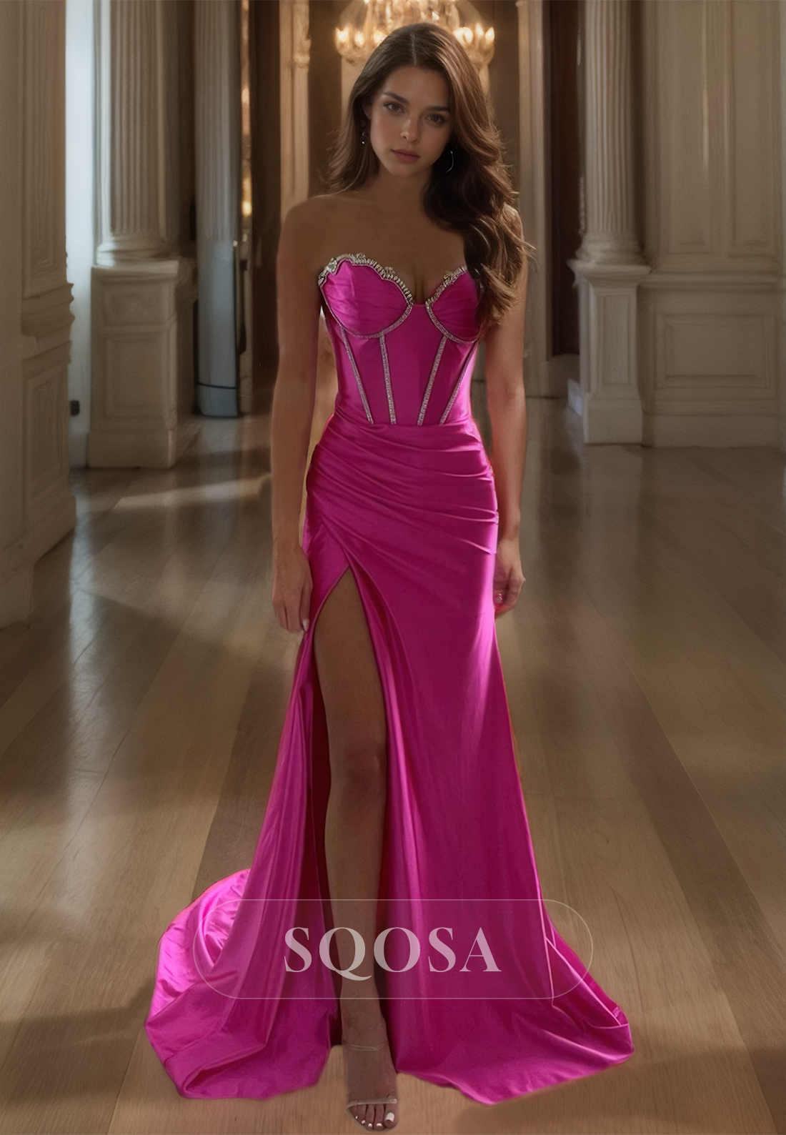 Sweetheart Sleeveless Beaded Fitted Prom Dress Pleated Slit with Sweep Train Formal Gowns