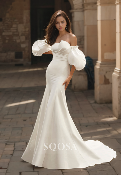 Asymmetrical Neck Satin Mermaid Wedding Dress Puff-Sleeves Pleated with Train Bridal Gowns