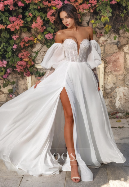 Chiffon Wedding Dress with Slit Long Puff Sleeves Deep V-Neck with Train Dress with Beaded