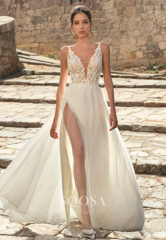 A-Line Deep V-Neck Beach Wedding Dress Spaghetti Straps Floor-Length Boho Dress with Lace Appiques