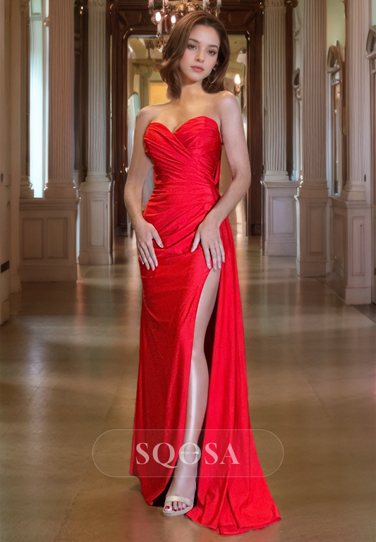 Sweetheart Sleeveless Fitted Prom Dress Floor Length Pleated with Slit Party Gowns