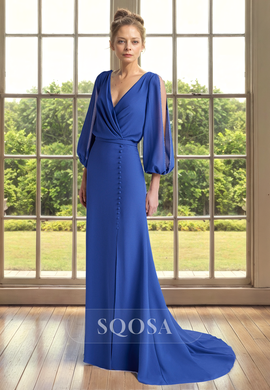 Sheath V neck Long Sleeves Elegant Mother of the Bride Dress Long Cocktail Dress