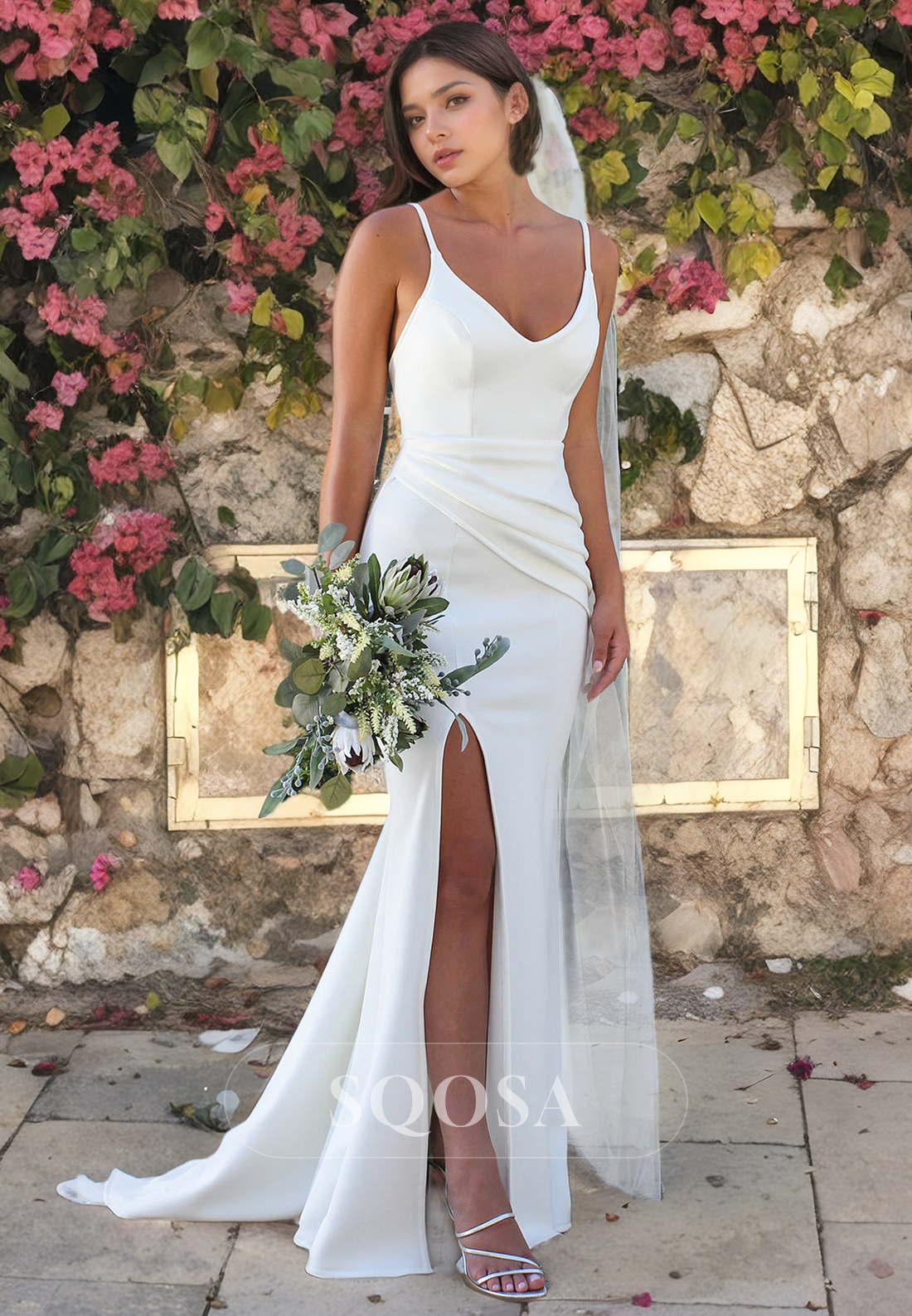 Simple Boho Mermaid Wedding Dress V-Neck Spaghetti Straps with Slit Beach Wedding Dress