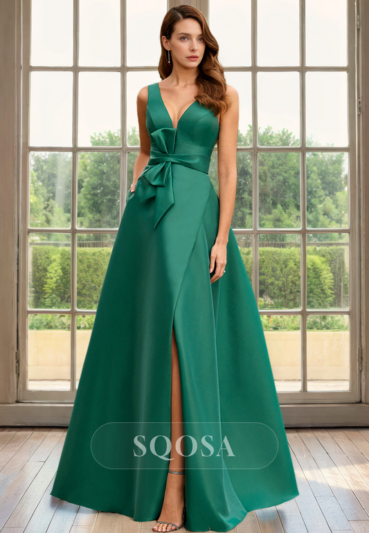 A Line V Neck Satin Simple Long Cocktail Dress with Pockets Mother of the Bride Dress