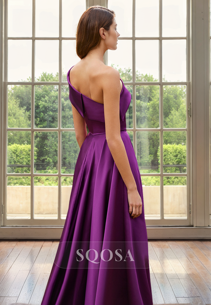 A Line One Shoulder Satin Elegant Cocktail Dress Long Mother of the Bride Dress