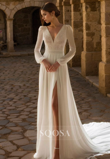 A Line V Neck Lace Long Sleeves Boho Wedding Dress with Slit