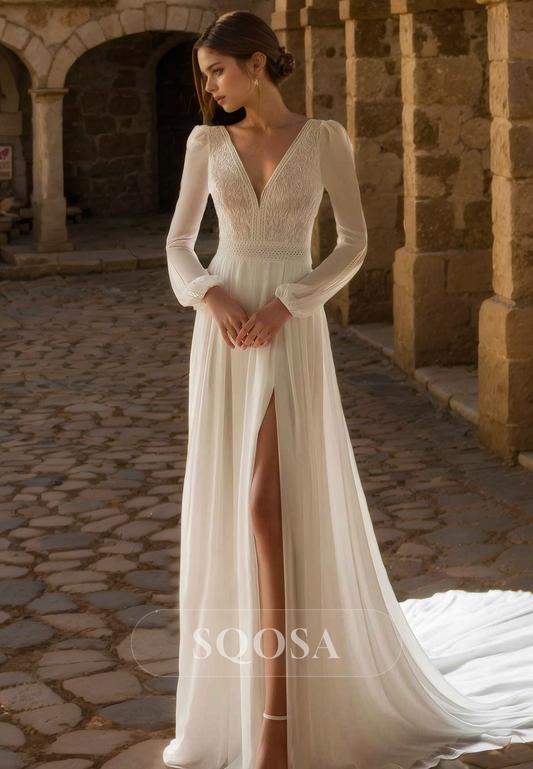 A Line V Neck Lace Long Sleeves Boho Wedding Dress with Slit