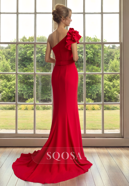 Sheath One Shoulder Appliques Red Cocktail Dress for Wedding Long Mother of the Bride Dress