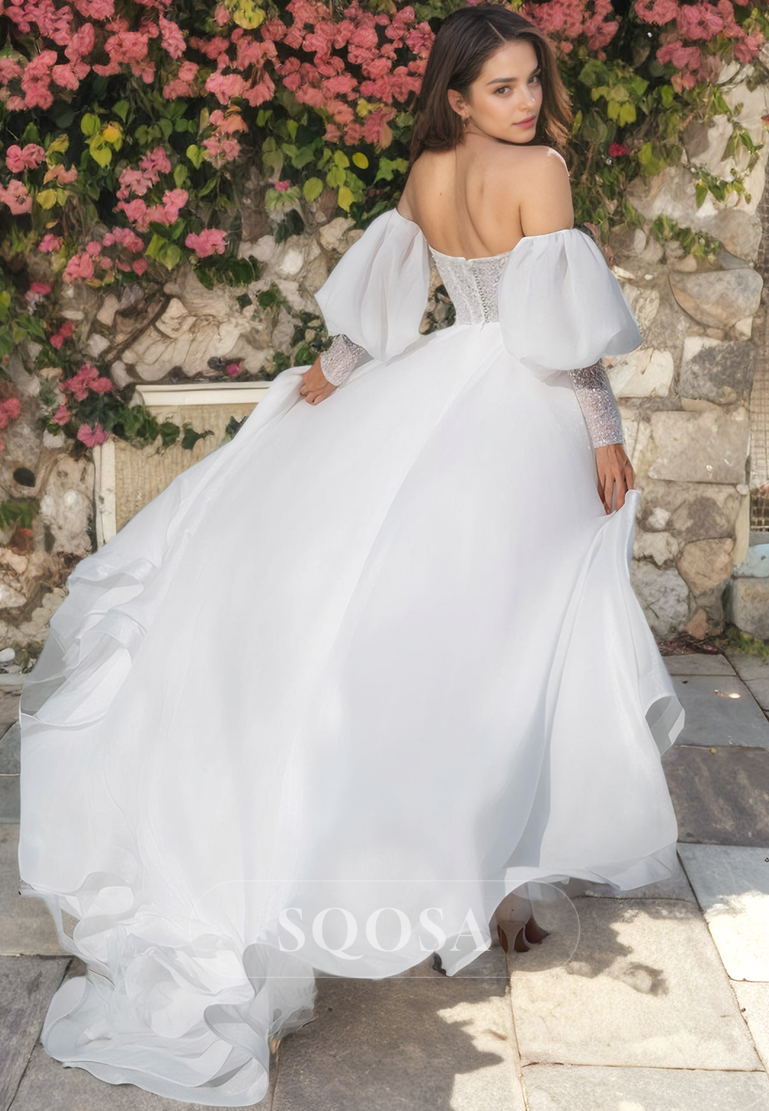 Chiffon Wedding Dress with Slit Long Puff Sleeves Deep V-Neck with Train Dress with Beaded