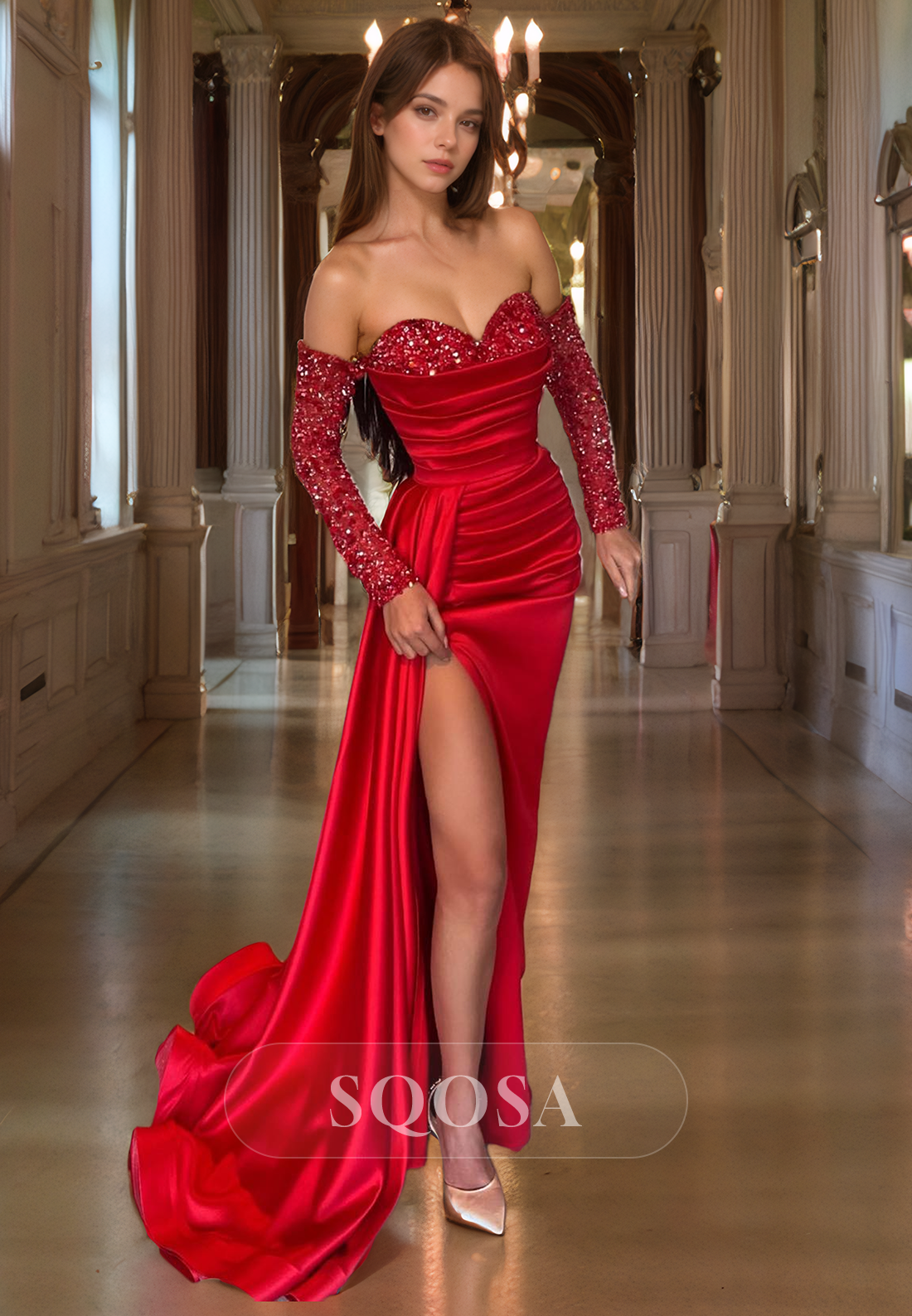 Sheath Sweetheart Red Satin Pleats Long Sleeves Prom Dress with Slit Formal Gown