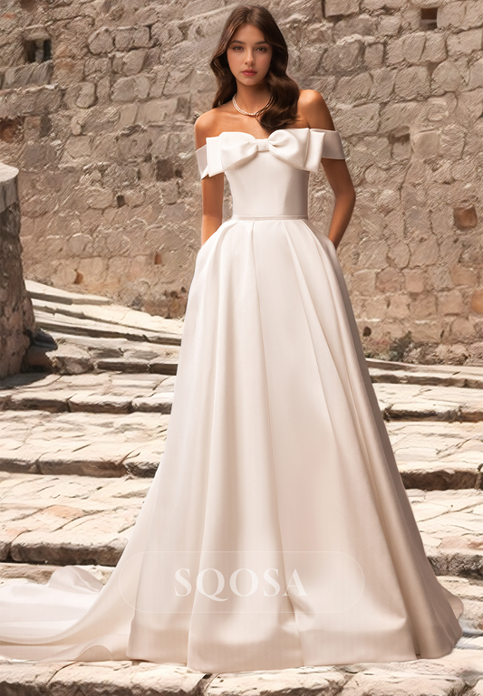 Simple A-Line Sleeveless Wedding Dress Bows Off-Shoulder Satin Bridal Dress with Train