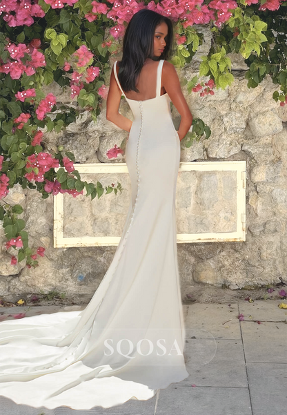 Sweetheart Spaghetti Straps Mermaid Bridal Dress  Pleated Cutout Satin Wedding Dress with Sweep Train