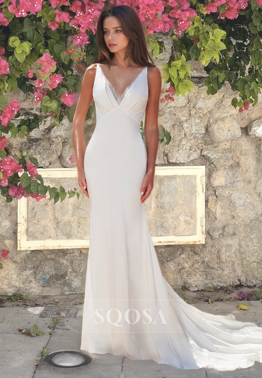 Simple V-Neck Sleeveless Pleated Mermaid Wedding Dress Satin with Sweep Train Bridal Gowns