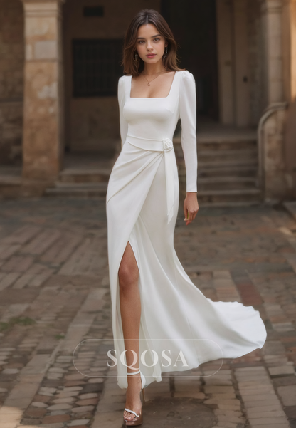 Square-Neck Fitted Beach Wedding Dress Long Sleeves Pleated Satin Boho Wedding Gowns Slit with Train