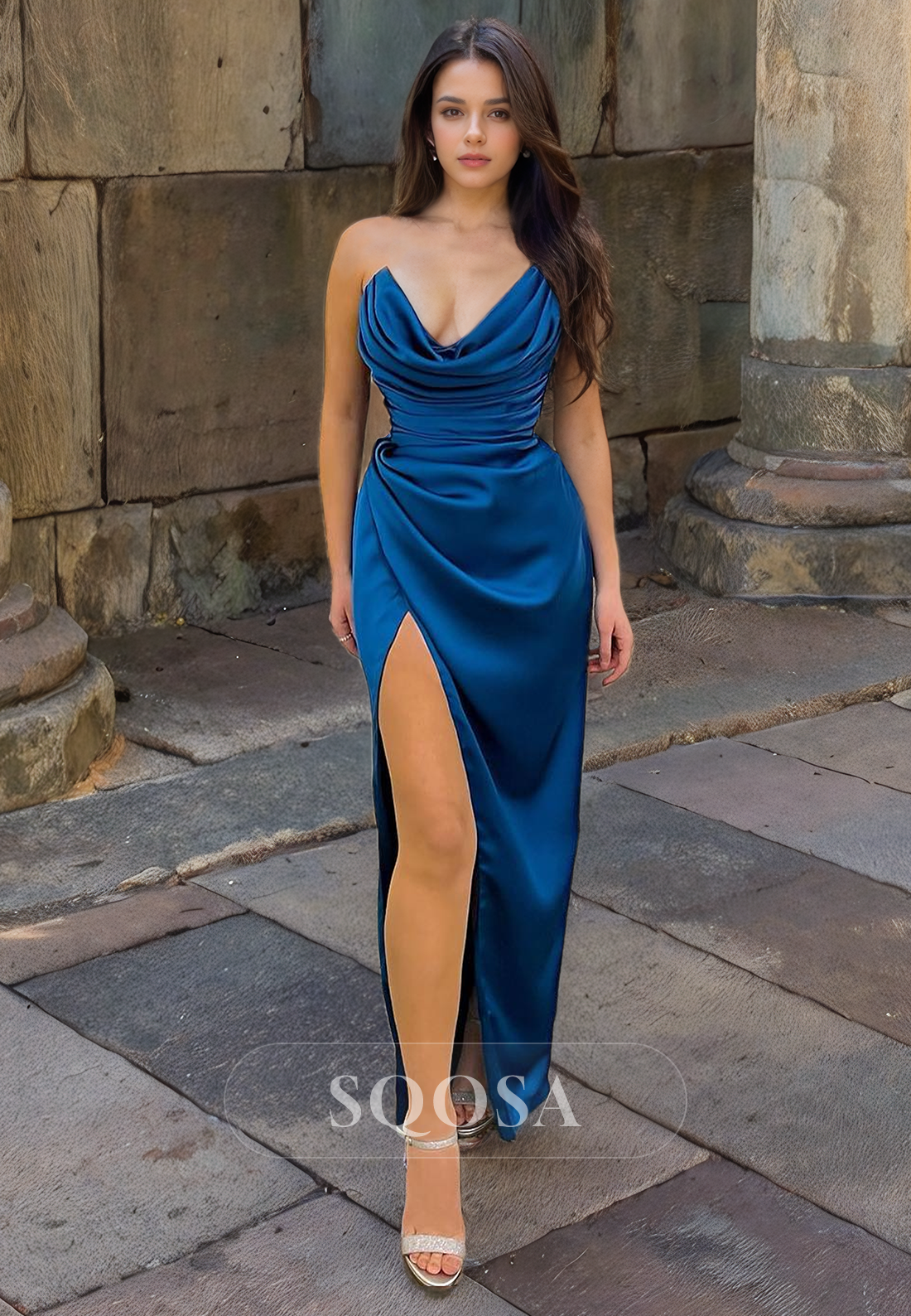 Simple V-Neck Sleeveless Fitted Party Gowns Floor Length with Slit Prom Dress