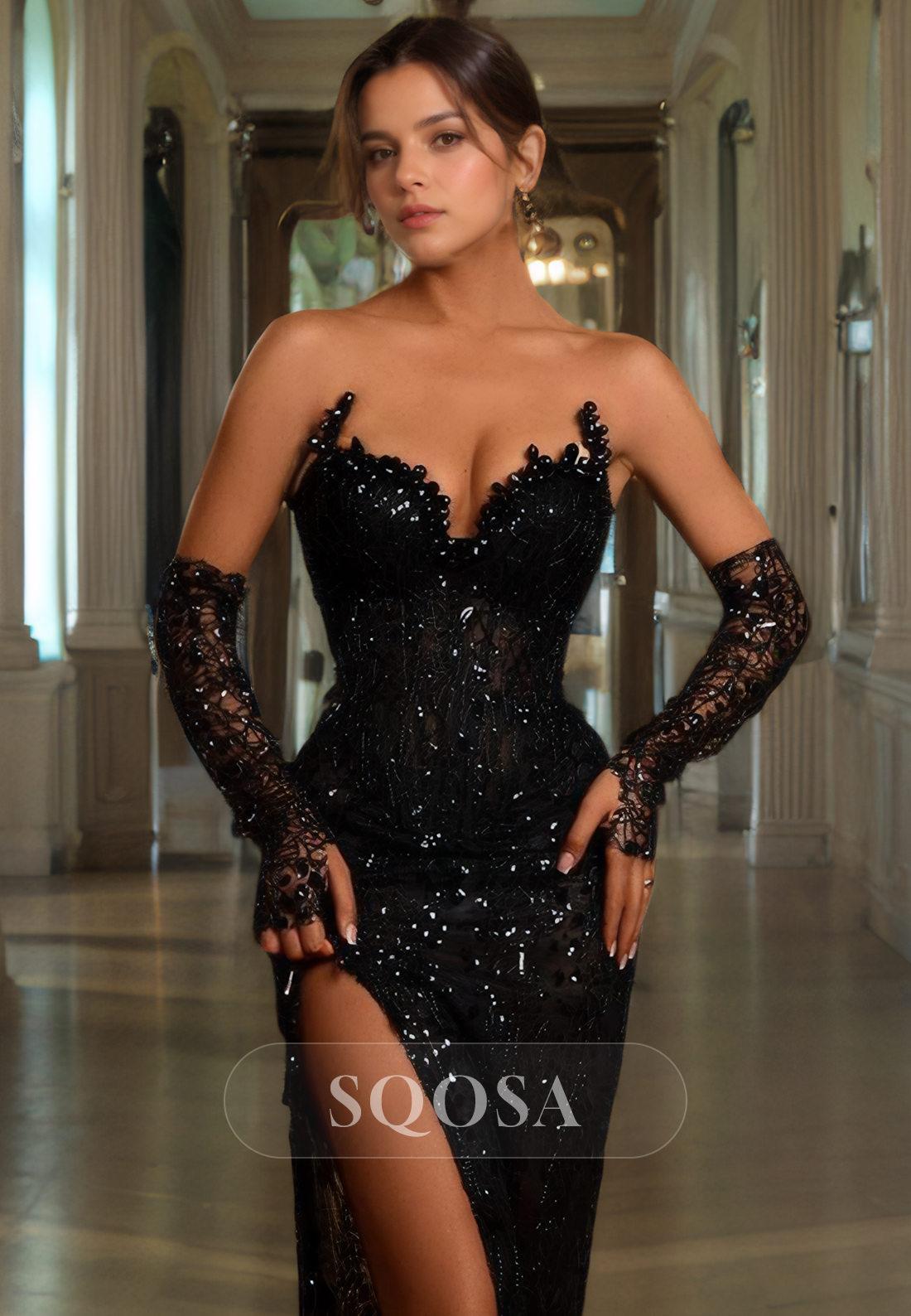 Sheath V neck Pearls Black Long Formal Prom Dress with Slit