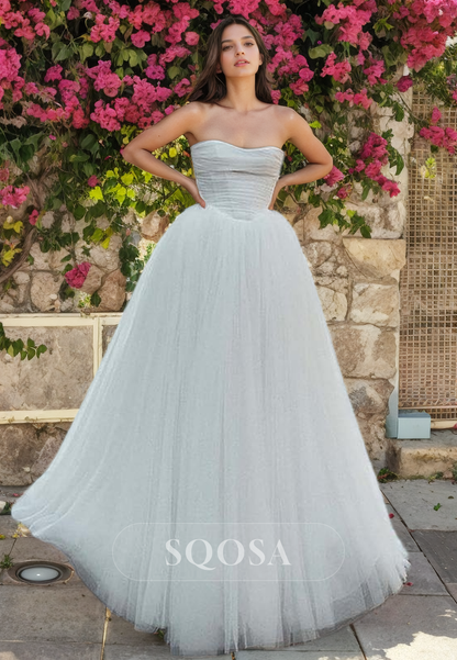 A Line Sweetheart Tulle Elegant Wedding Dress with Train