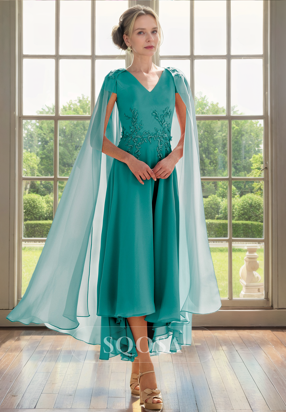 A Line V neck Chiffon Appliques Elegant Mother of the Bride Dress for Wedding