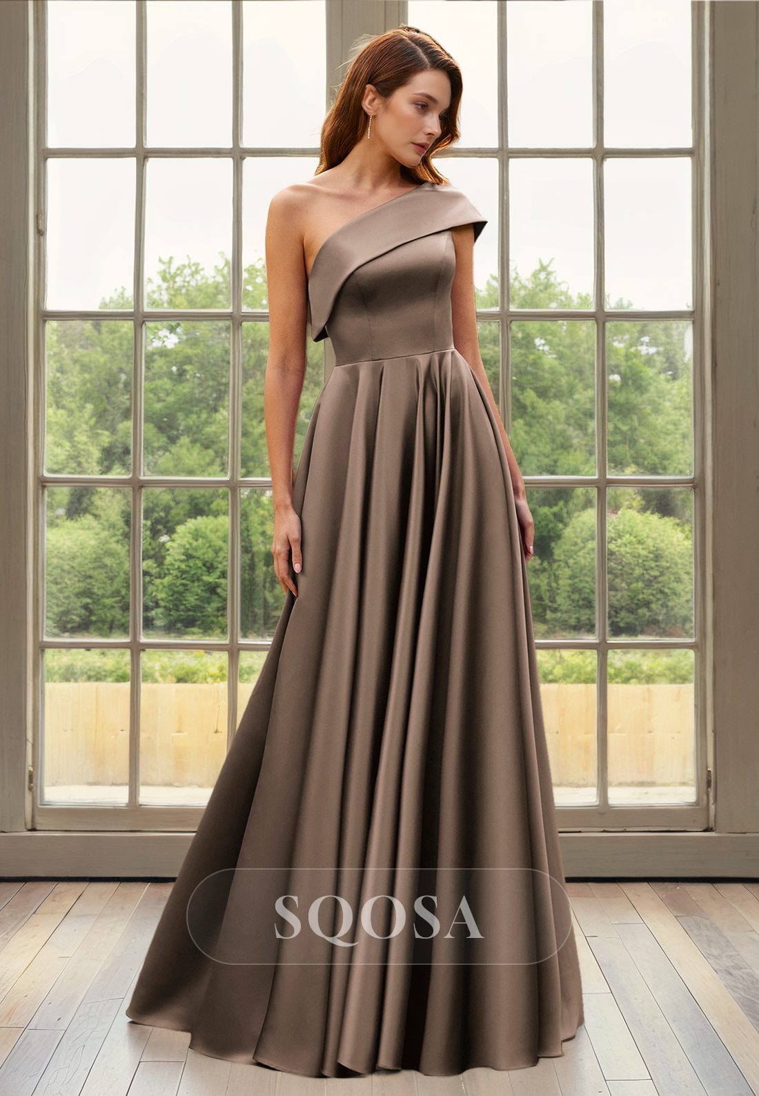 A Line One Shoulder Satin Elegant Cocktail Dress Long Mother of the Bride Dress