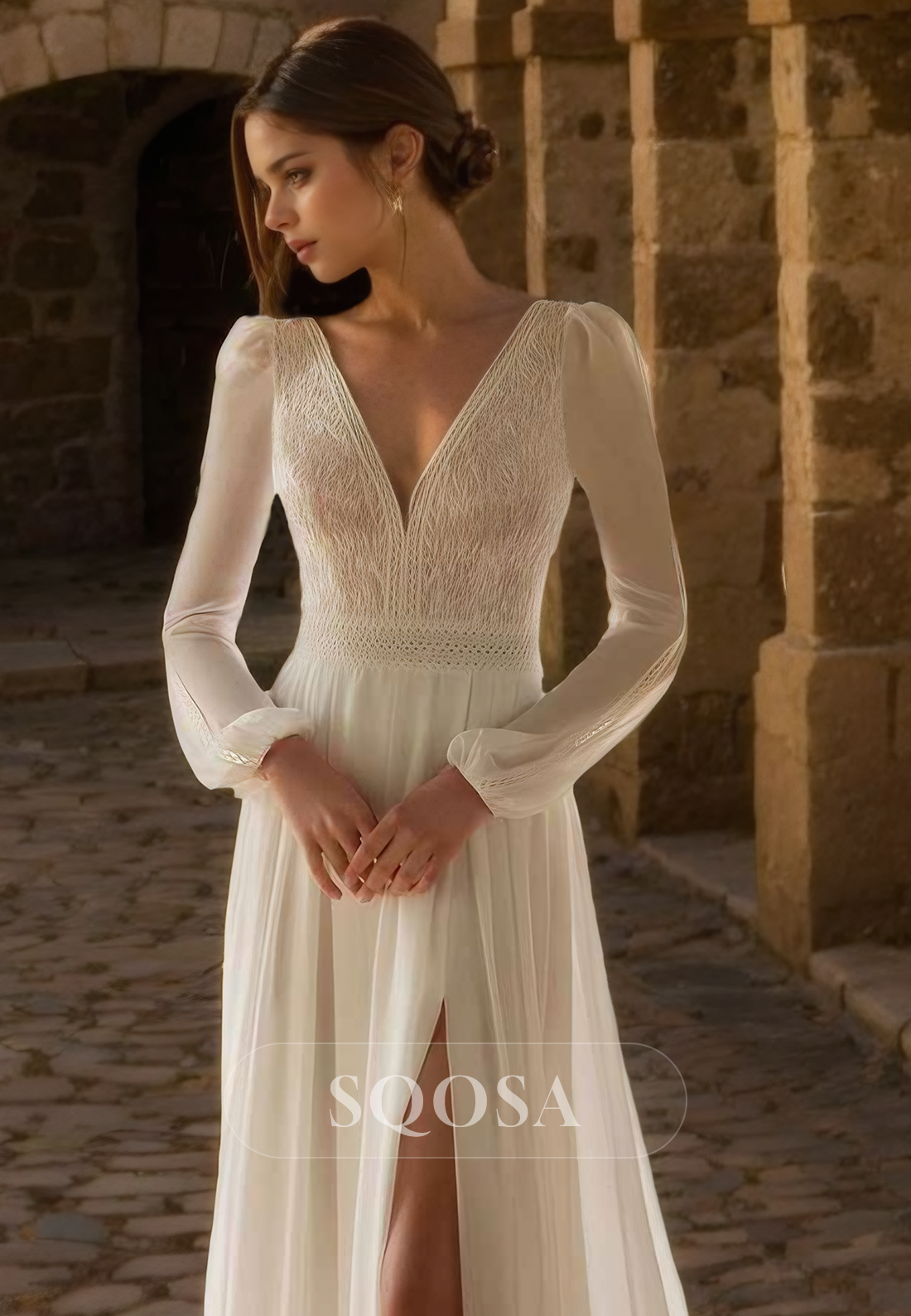 A Line V Neck Lace Long Sleeves Boho Wedding Dress with Slit