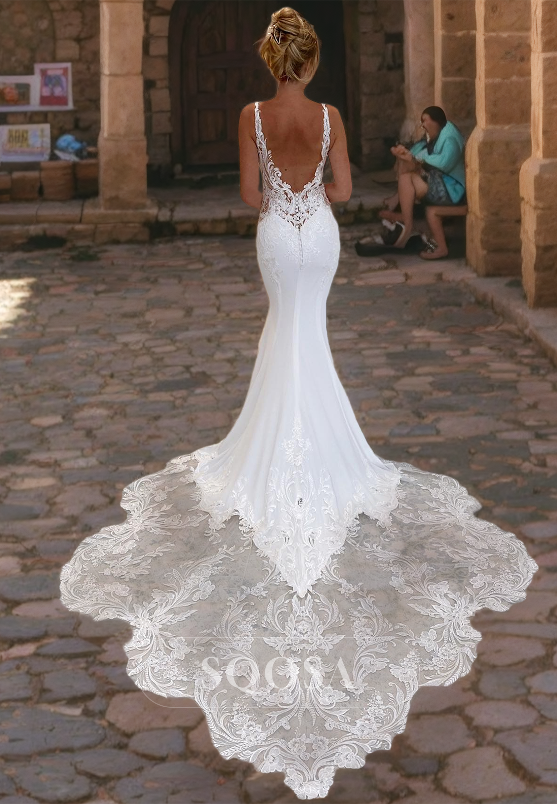 V-Neck Spaghetti Straps Sleeveless Mermaid Wedding Dress Allover Lace with Train Wedding Gowns