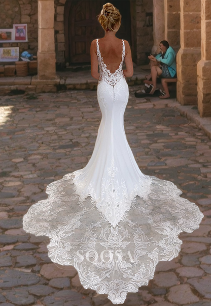 V-Neck Spaghetti Straps Sleeveless Mermaid Wedding Dress Allover Lace with Train Wedding Gowns