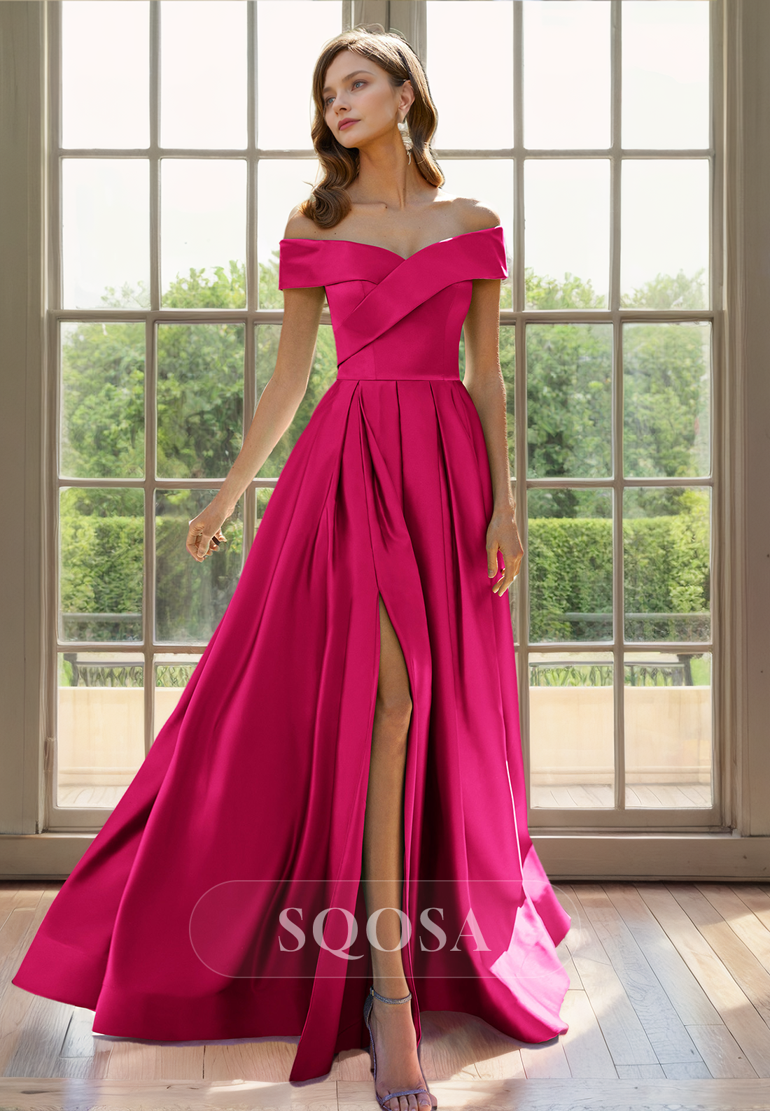 A Line Off Shoulder Satin Elegant Long Cocktail Dress with Slit Mother of the Bride Dress