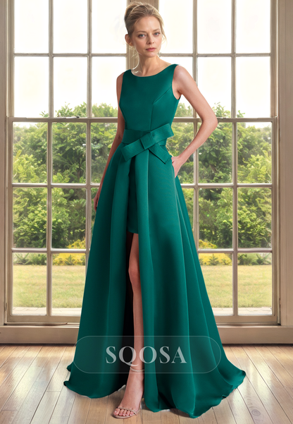 A Line Bateau Green Satin Long Cocktail Dress with Pockets Simple Mother of the Bride Dress